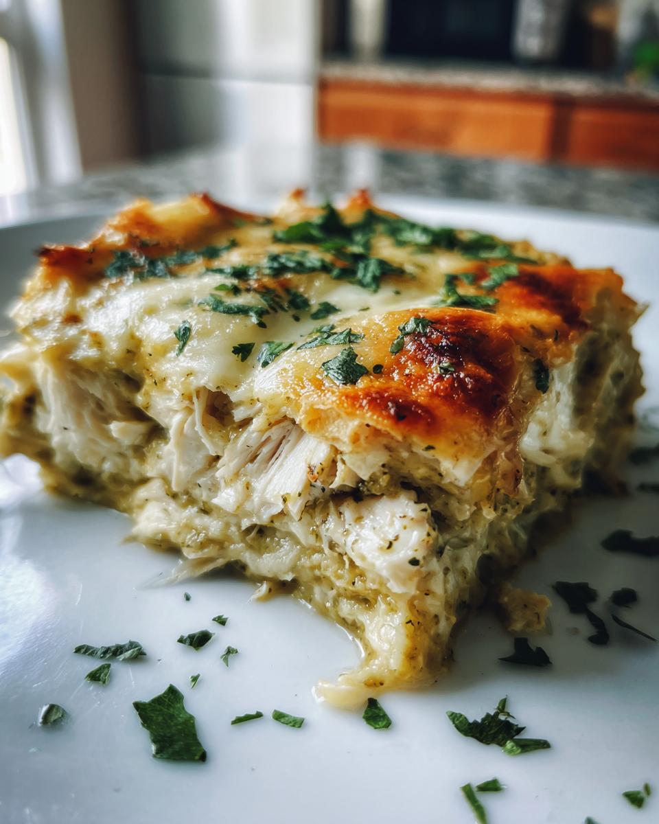 A close-up, cross-section view of a serving of green chile chicken enchiladas topped with melted, browned cheese and fresh cilantro.