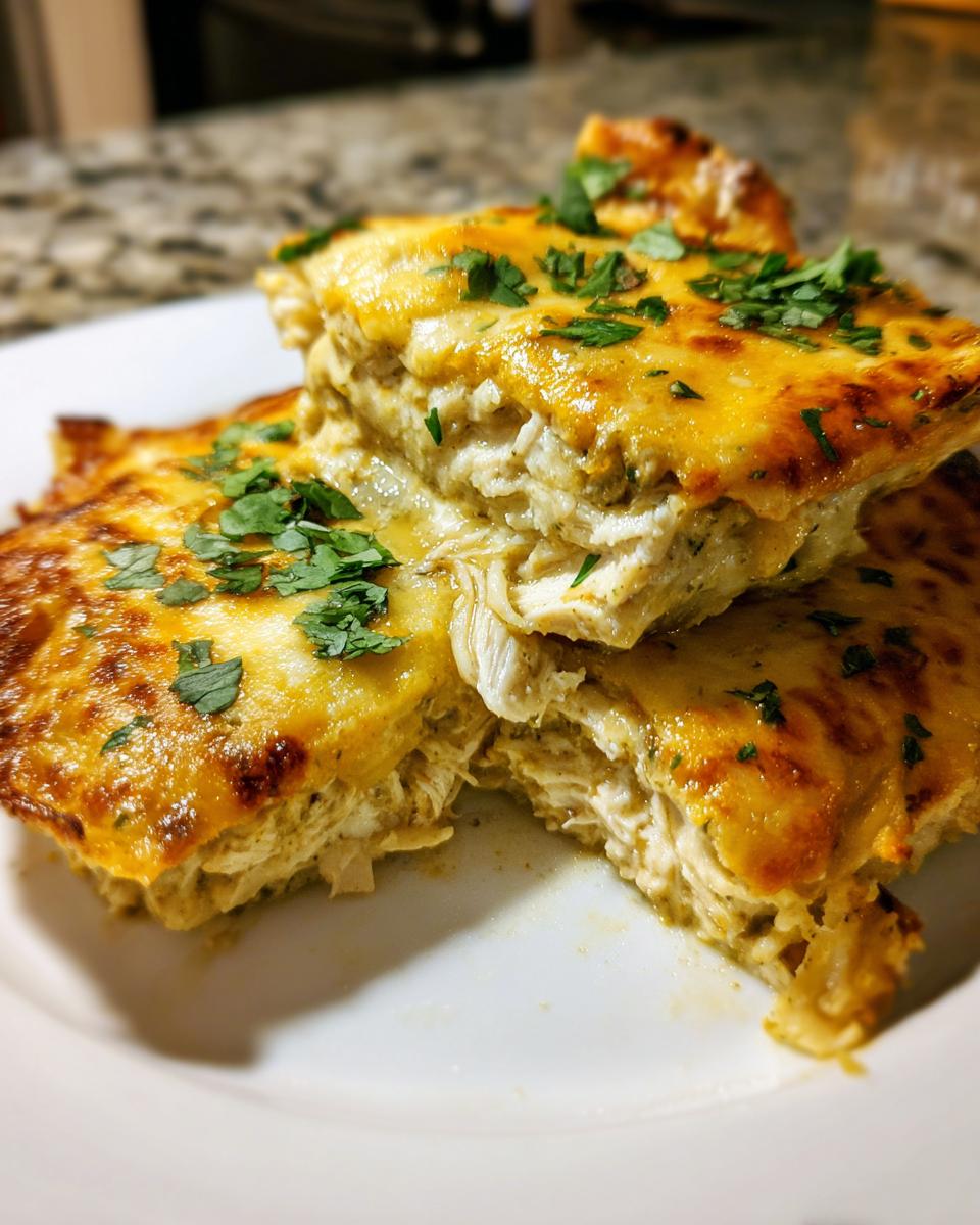 A stack of cheesy, baked green chile chicken enchiladas topped with fresh cilantro on a white plate.