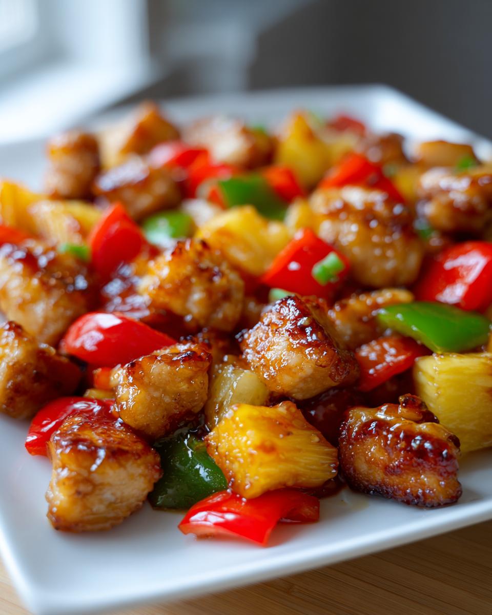 Close-up of glazed, caramelized chicken pieces mixed with chunks of pineapple and colorful bell peppers from the hawaiian chicken sheet pan.
