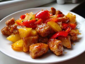 Close-up of glazed chicken pieces mixed with pineapple chunks and red bell peppers, inspired by hawaiian chicken sheet pan.