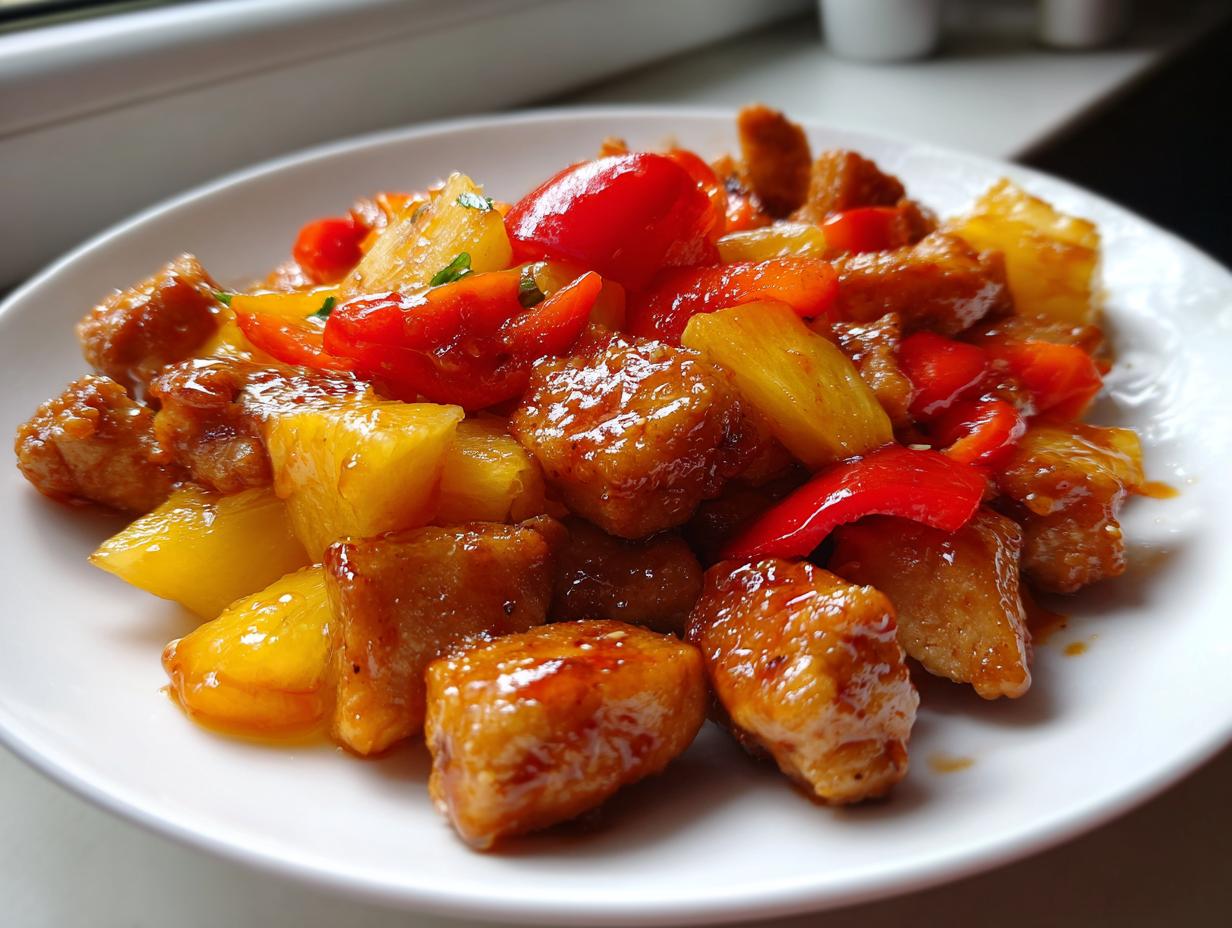 Close-up of glazed chicken pieces mixed with pineapple chunks and red bell peppers, inspired by hawaiian chicken sheet pan.
