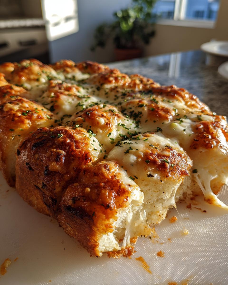 Close-up of cheesy Hawaiian roll garlic bread, showing melted cheese stretching as a piece is pulled away.