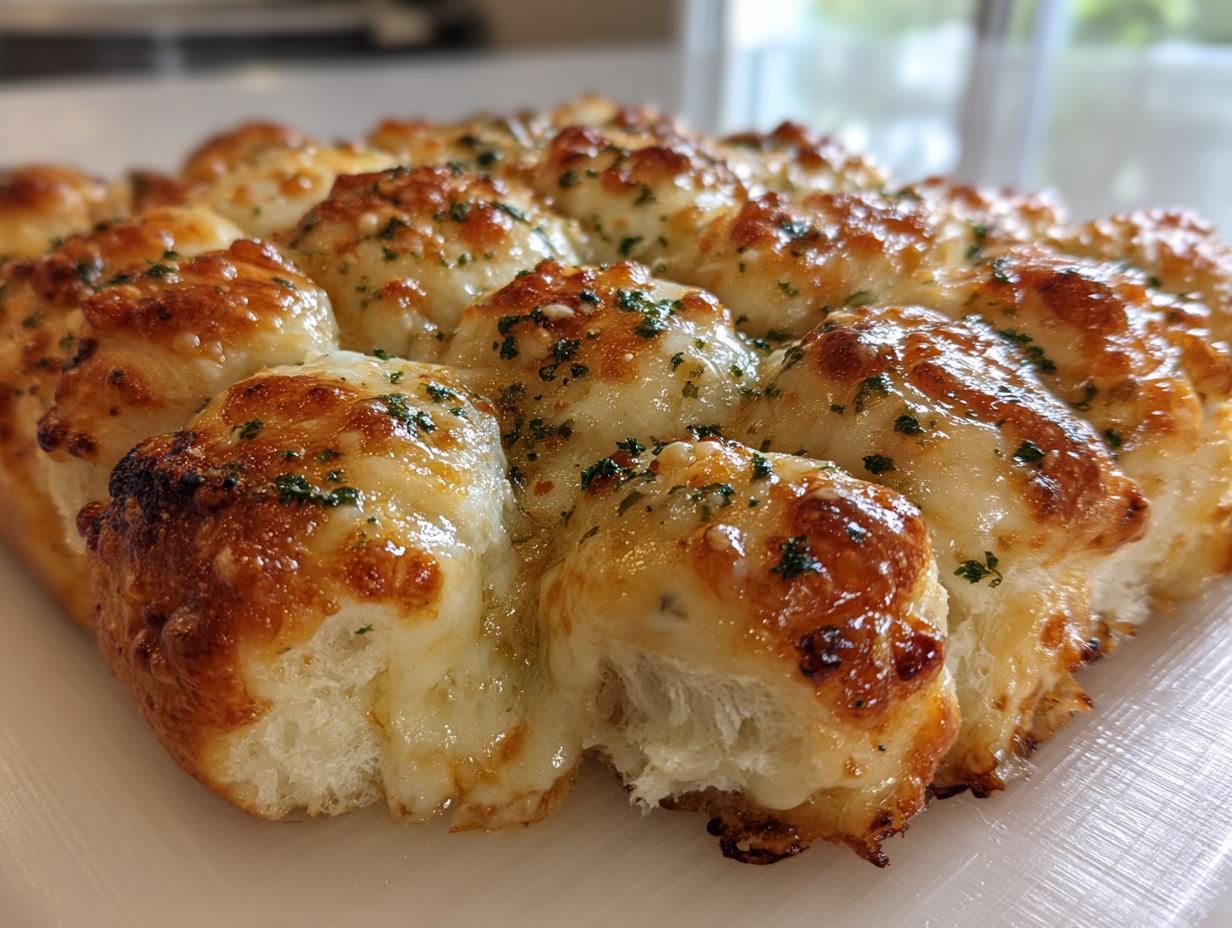 Close-up of gooey, cheesy Hawaiian Roll Garlic Bread topped with melted cheese and parsley.