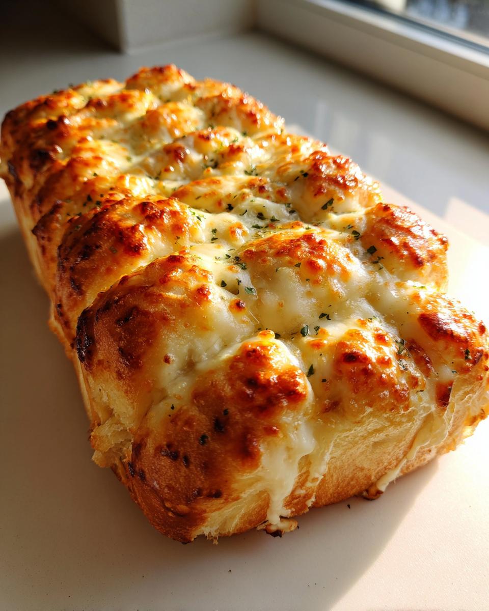 Close-up of freshly baked Hawaiian roll garlic bread topped with melted, browned cheese and herbs.
