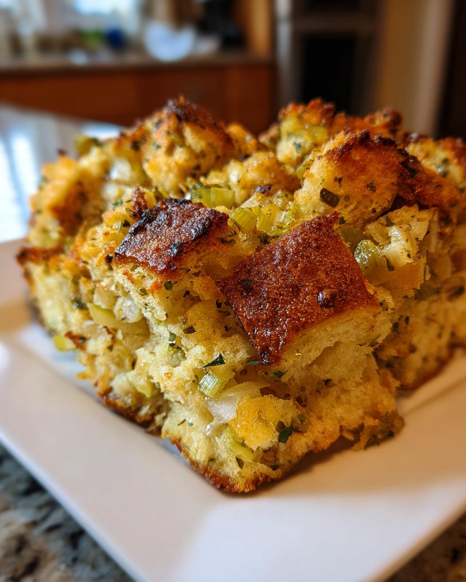 Close-up of a portion of golden brown, savory stuffing with visible celery and herbs.