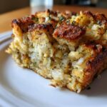 A close-up of a square slice of baked stuffing featuring visible onions and herbs on a white plate.