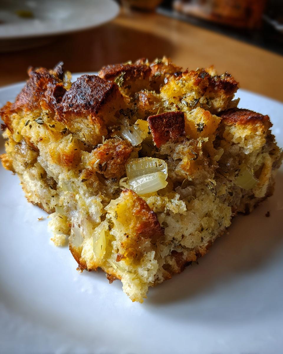 Close-up of a square piece of savory stuffing with visible chunks of onion and herbs on a white plate.