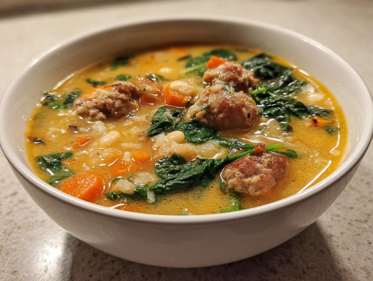 Close-up of a white bowl filled with hearty bean soup featuring white beans, sausage meatballs, carrots, and spinach.