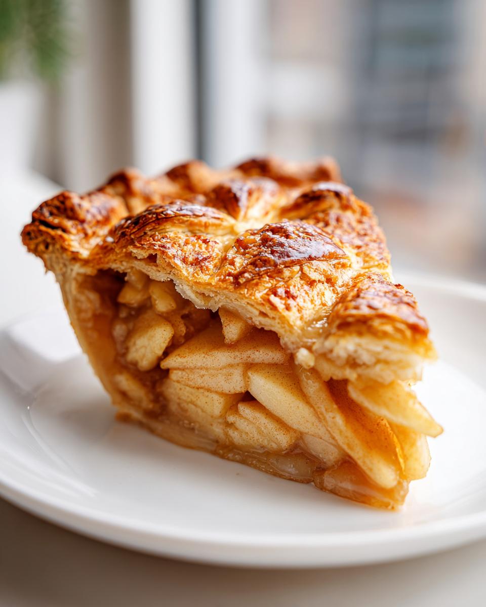 A close-up of a perfect slice of homemade apple pie showing thick apple filling and a golden, flaky top crust.