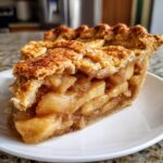 Close-up of a thick slice of homemade apple pie showing gooey cinnamon apples and a golden, flaky crust.