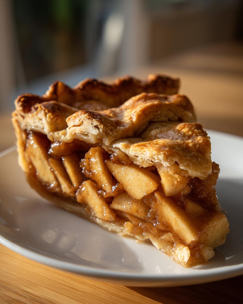 Close-up of a thick slice of homemade apple pie showing a gooey cinnamon filling and flaky, golden-brown crust.
