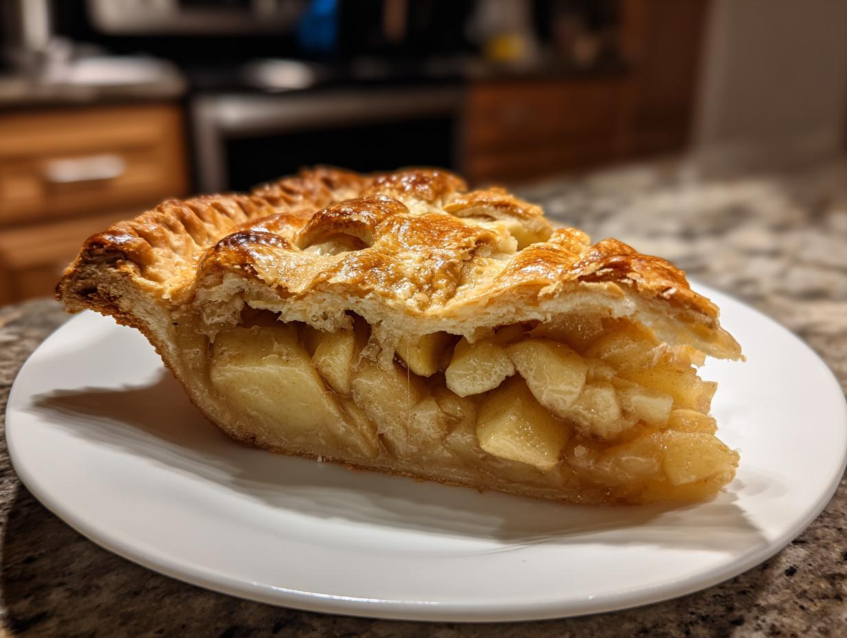 A close-up of a thick slice of homemade apple pie showing flaky golden crust and chunky apple filling.