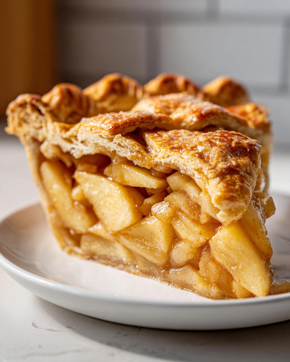A thick slice of homemade apple pie showing tender cinnamon-spiced apple filling and a golden lattice crust.