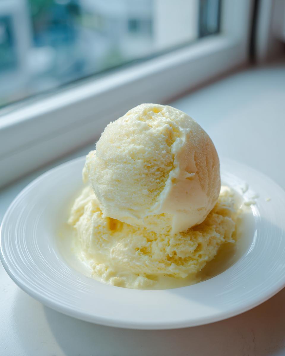 Two scoops of creamy, pale yellow banana ice cream served in a white bowl near a sunlit window.
