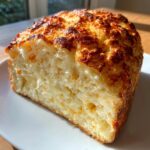A close-up cross-section of a freshly baked beer bread loaf with a golden, crispy, cheesy top crust.