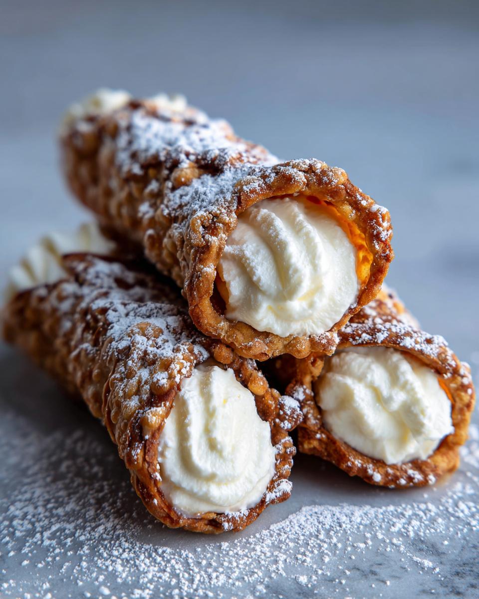 Three freshly made cannoli pastries filled with sweet ricotta cream and dusted with powdered sugar, perfect for a cannoli recipe.