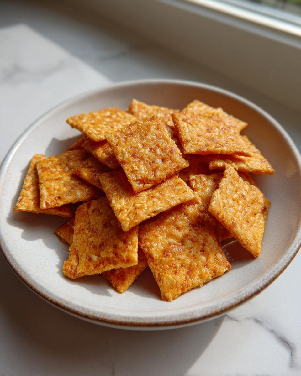 A small, rustic bowl filled with golden, square homemade cheese crackers, catching bright sunlight.