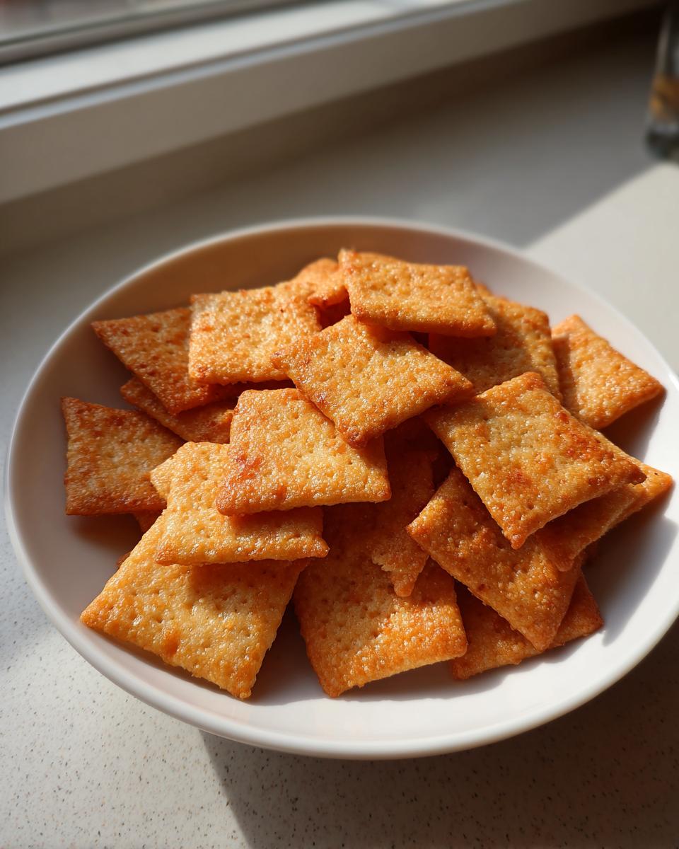A white bowl filled with golden, crispy homemade cheese crackers, highlighted by natural sunlight.