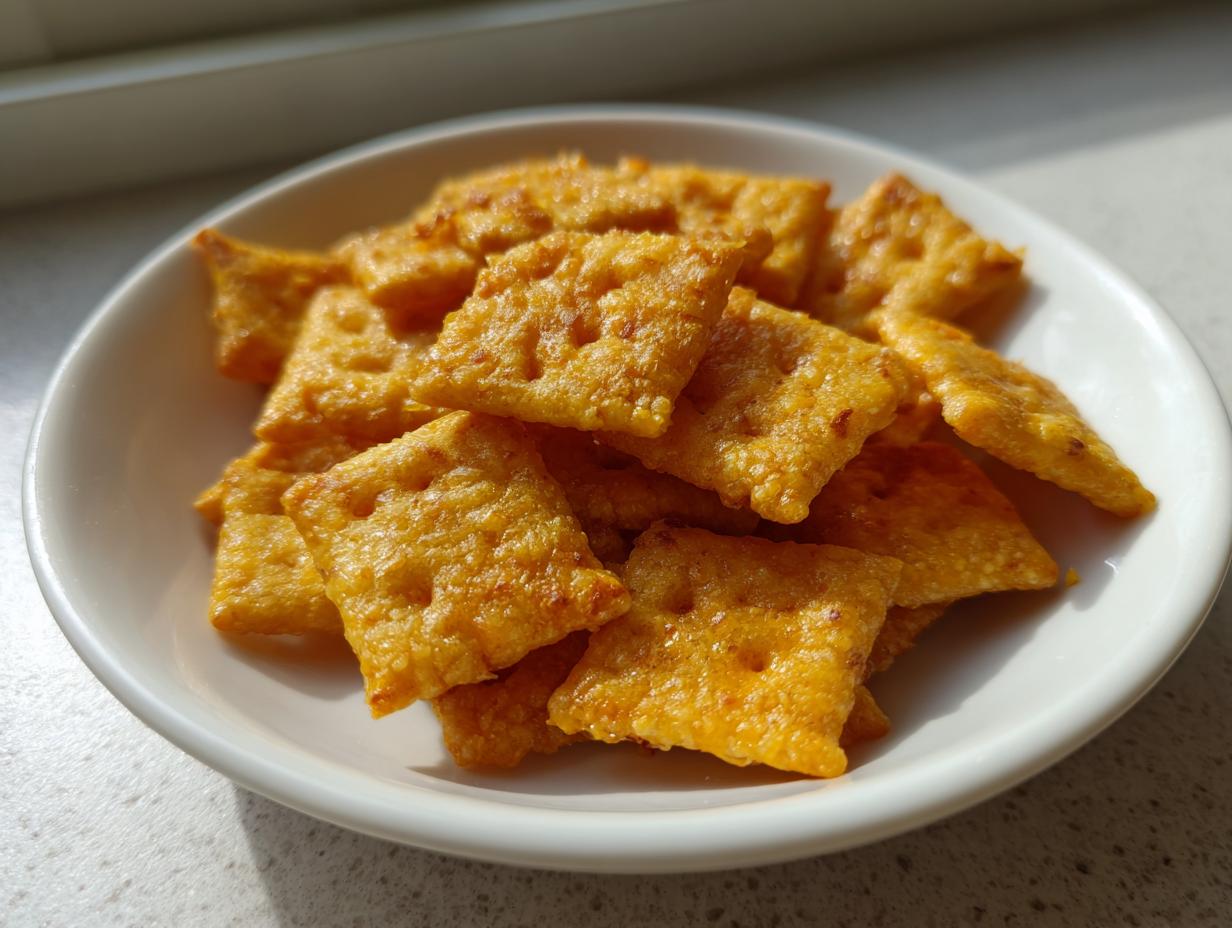A close-up of golden, square homemade cheese crackers piled in a small white bowl.