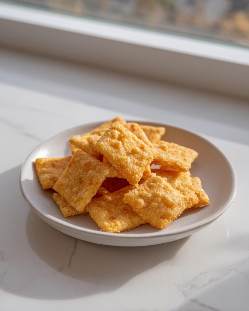 A small plate piled high with golden, rectangular homemade cheese crackers, sitting on a white marble surface near a window.