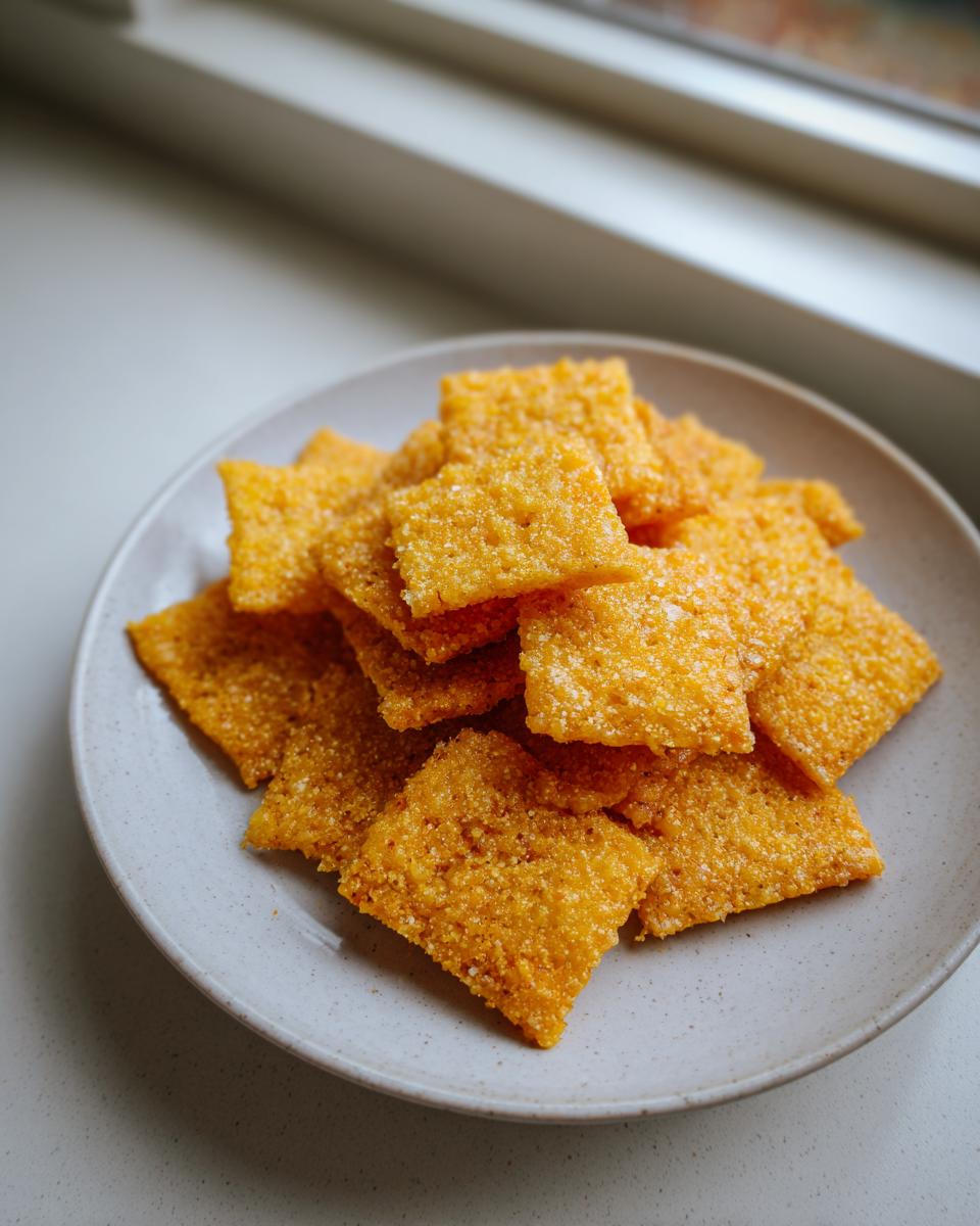 A pile of bright orange, square homemade cheese crackers dusted with seasoning on a light gray plate.