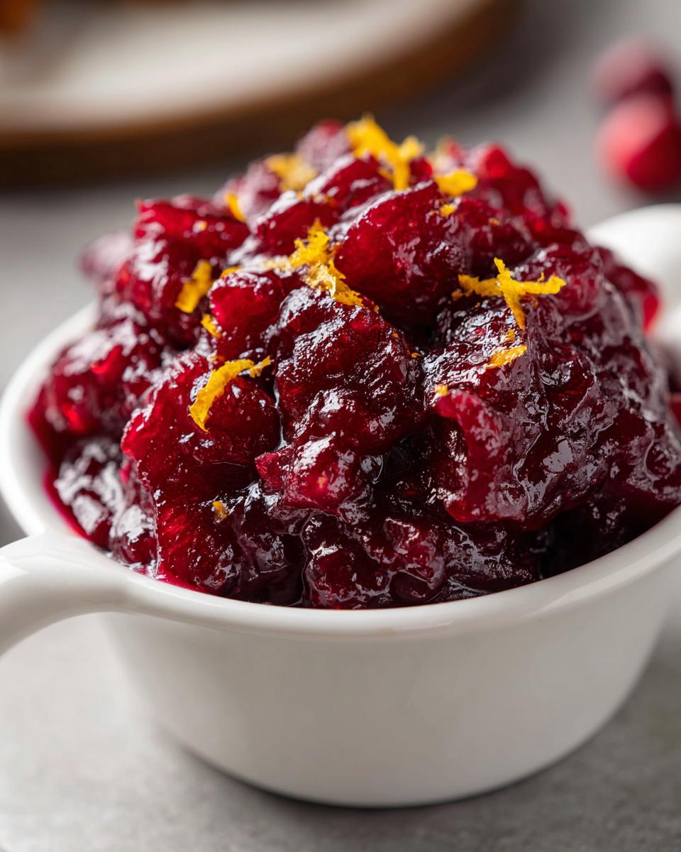 Close-up of chunky homemade cranberry sauce topped with bright orange zest in a white bowl.