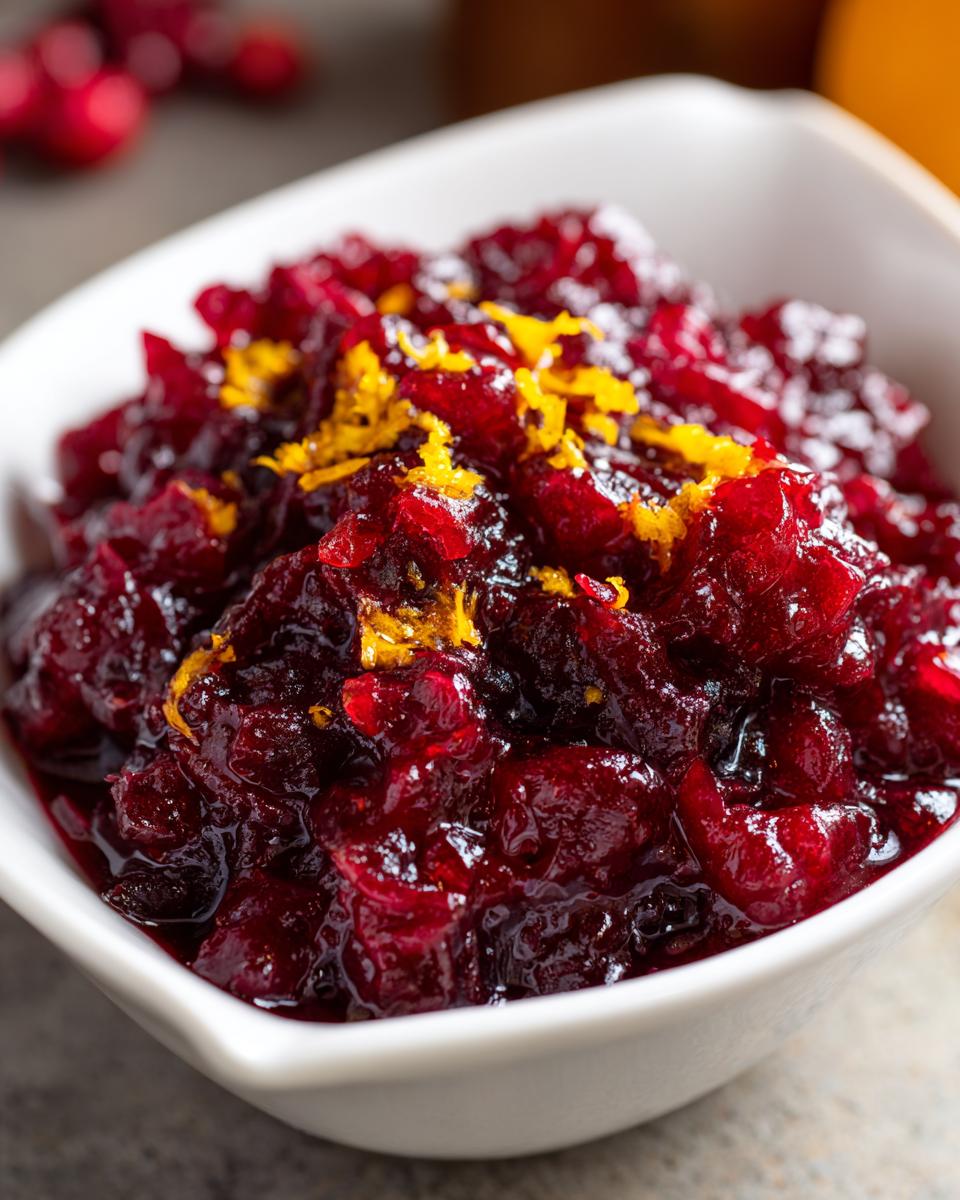 Close-up of chunky, deep red homemade cranberry sauce topped with bright orange zest.
