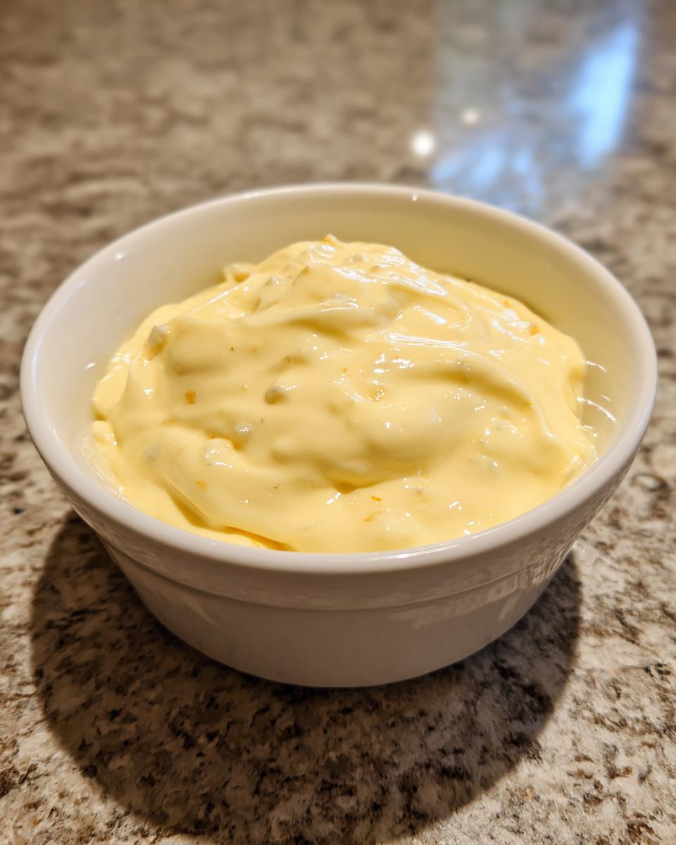 A close-up of creamy, pale yellow homemade garlic aioli served in a small white ramekin.