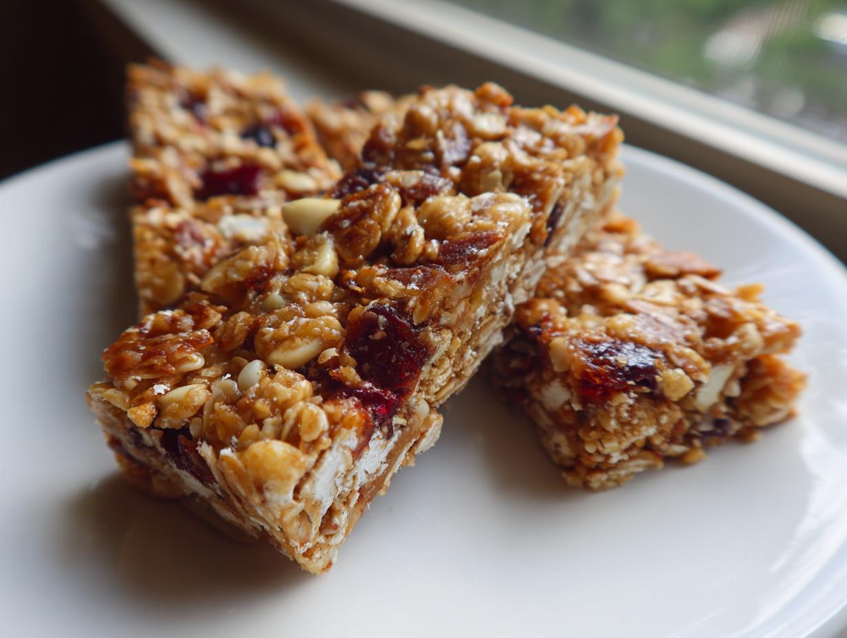 Three chewy homemade granola bars packed with oats, nuts, and dried cranberries on a white plate.