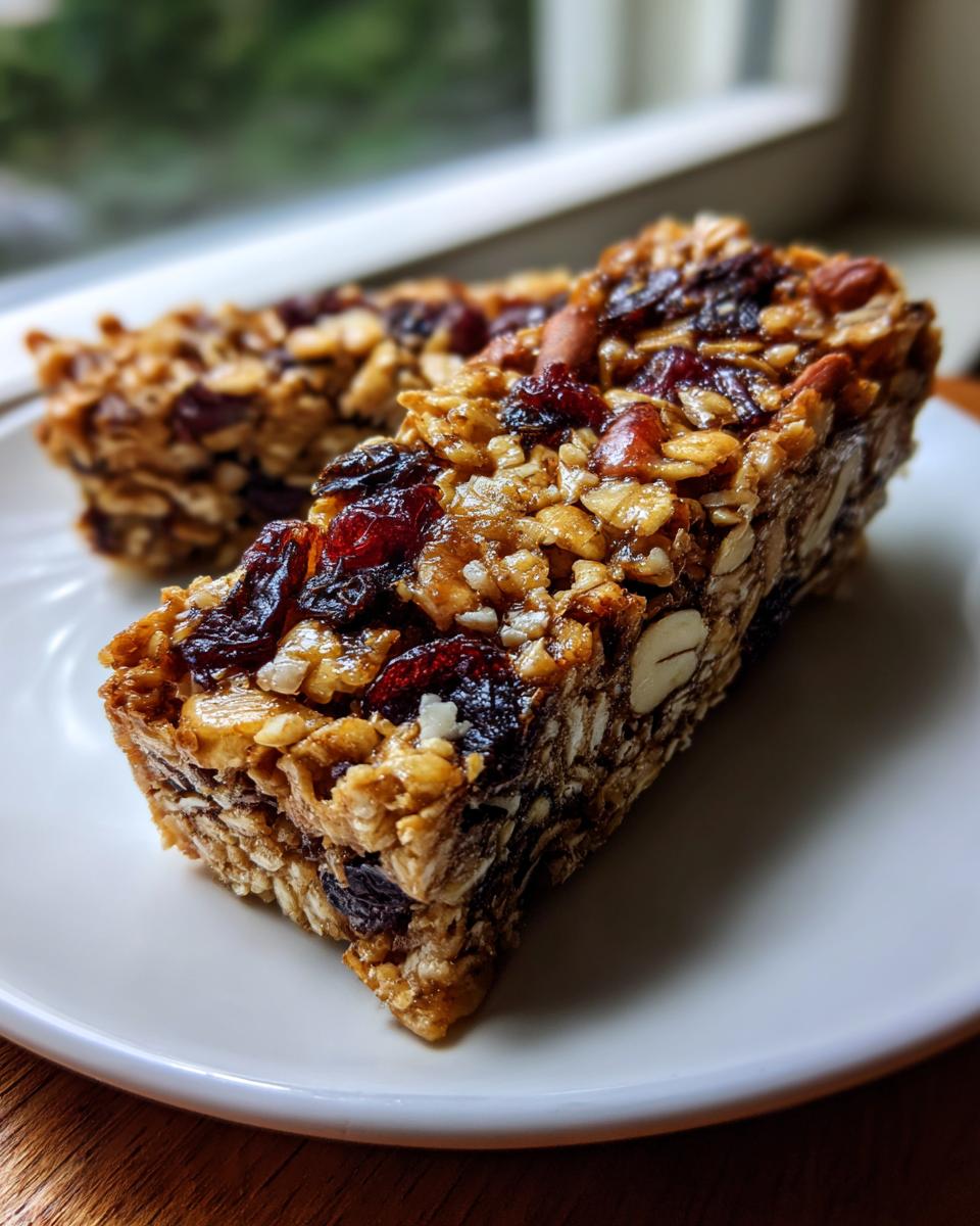 Two thick, chewy homemade granola bars packed with oats, almonds, and dried cranberries, sitting on a white plate.