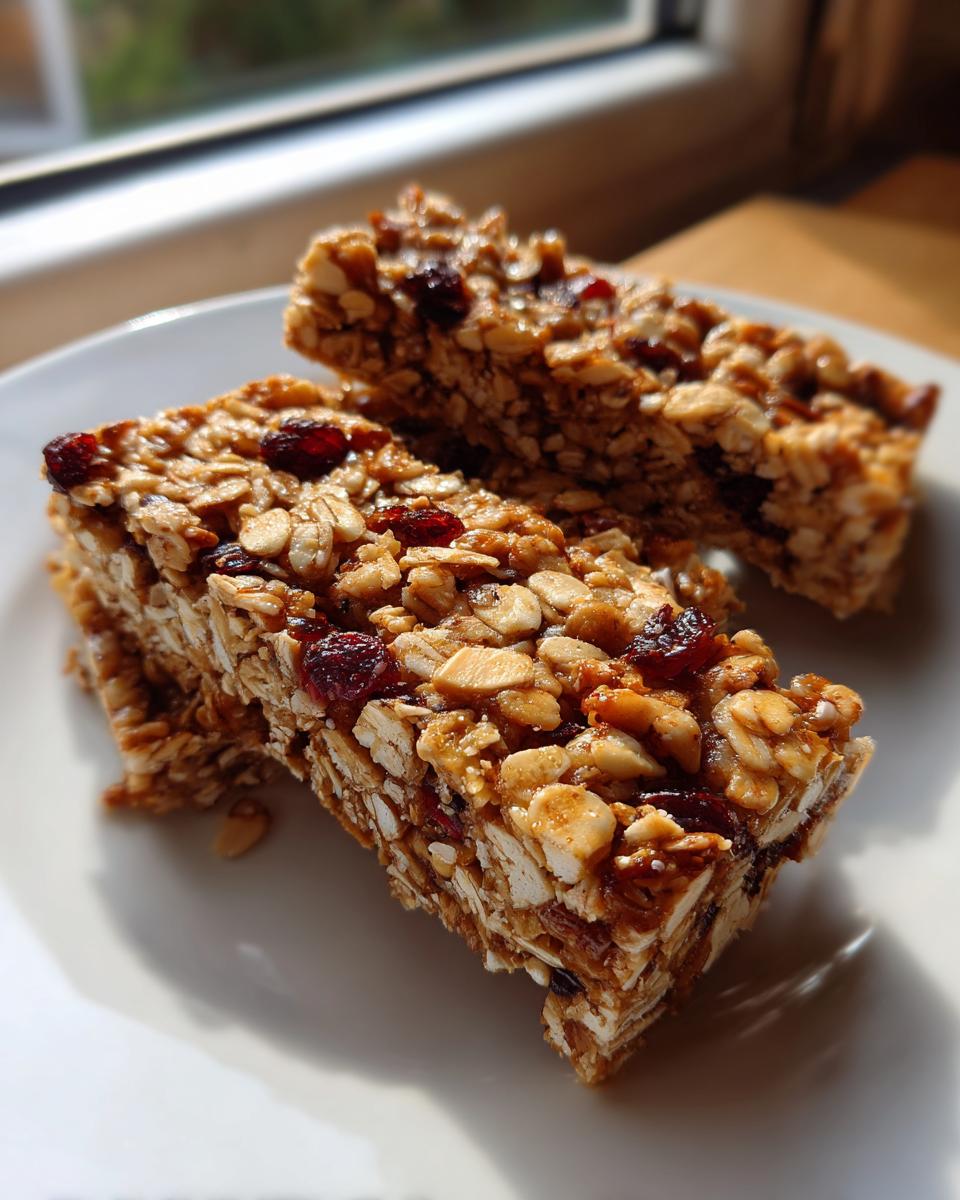 Close-up of two chewy homemade granola bars packed with oats, seeds, and dried cranberries, sitting on a white plate.