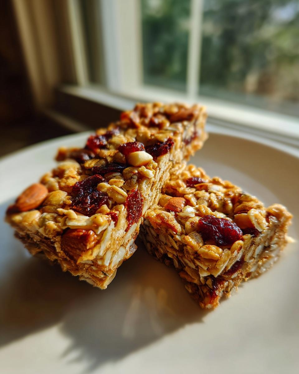 Two thick, chewy homemade granola bars packed with oats, nuts, and dried cranberries, sitting on a white plate.