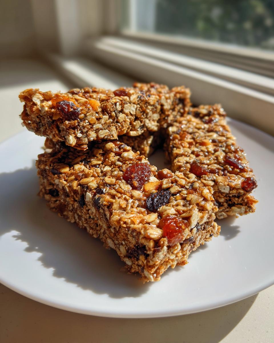 Four stacked homemade granola bars packed with oats and dried fruit, sitting on a white plate in bright sunlight.
