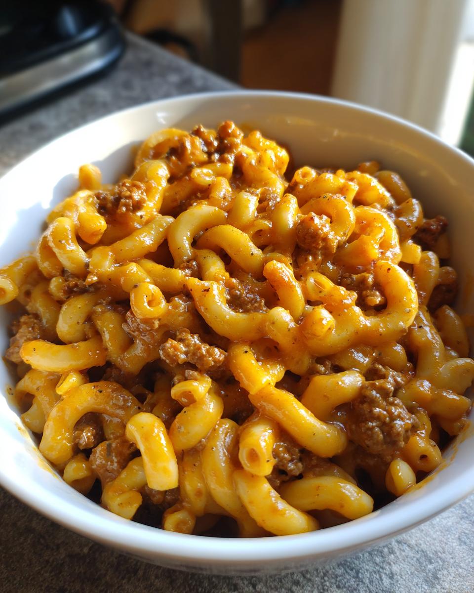 Close-up of a white bowl filled with creamy, cheesy homemade hamburger helper mixed with ground beef.