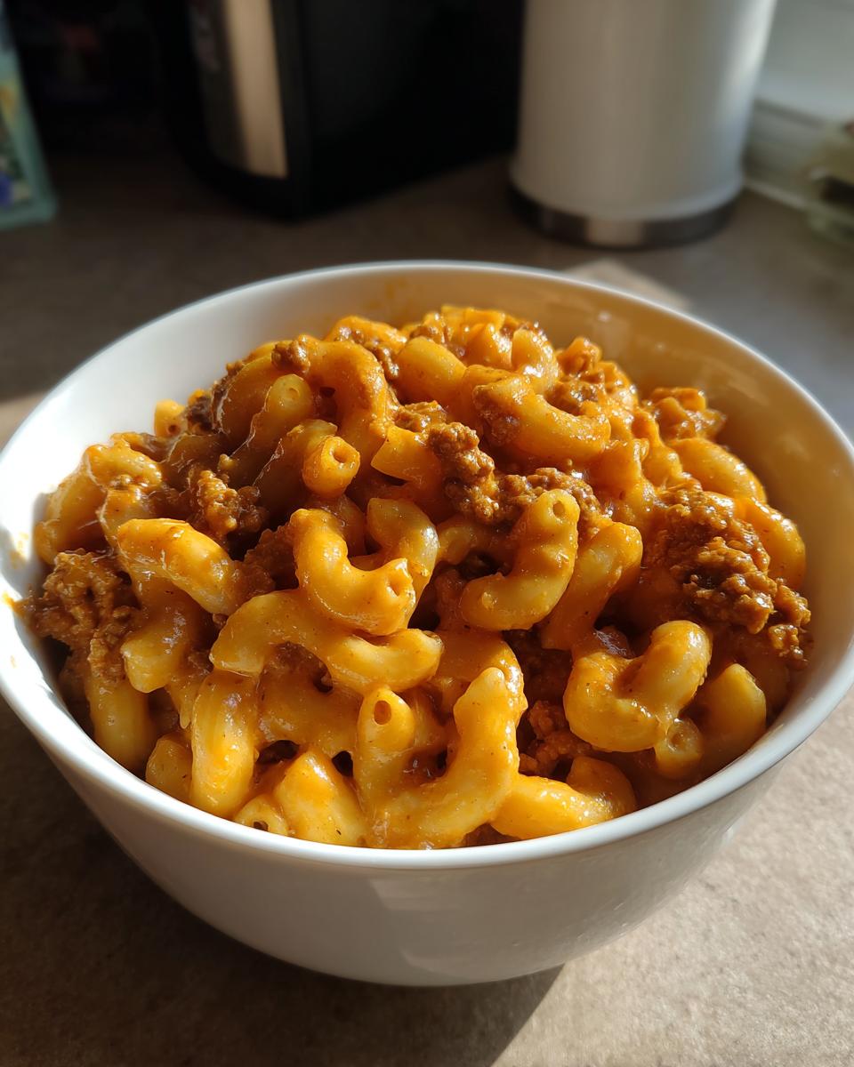 Close-up of a white bowl filled with creamy, cheesy homemade hamburger helper with ground beef.