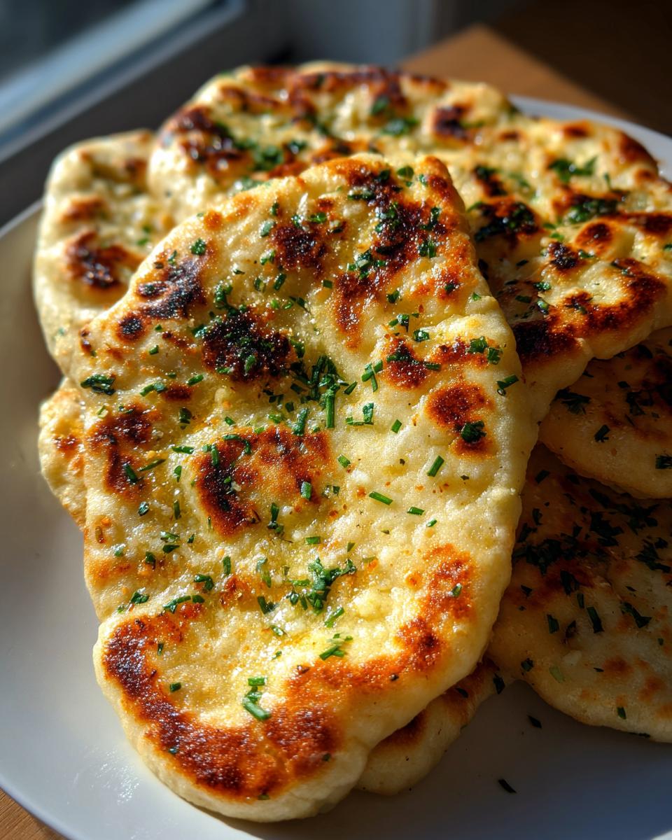 Close-up of several pieces of freshly cooked naan bread, golden brown with charred spots and sprinkled with green herbs.