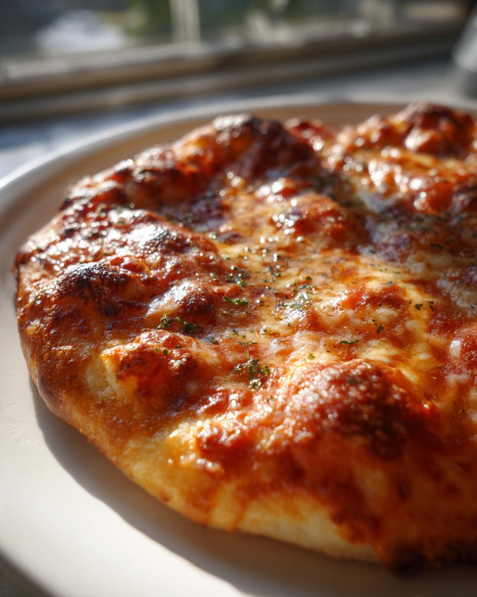 A close-up, sunlit view of a freshly baked homemade pizza with bubbling cheese and a golden, slightly charred crust.