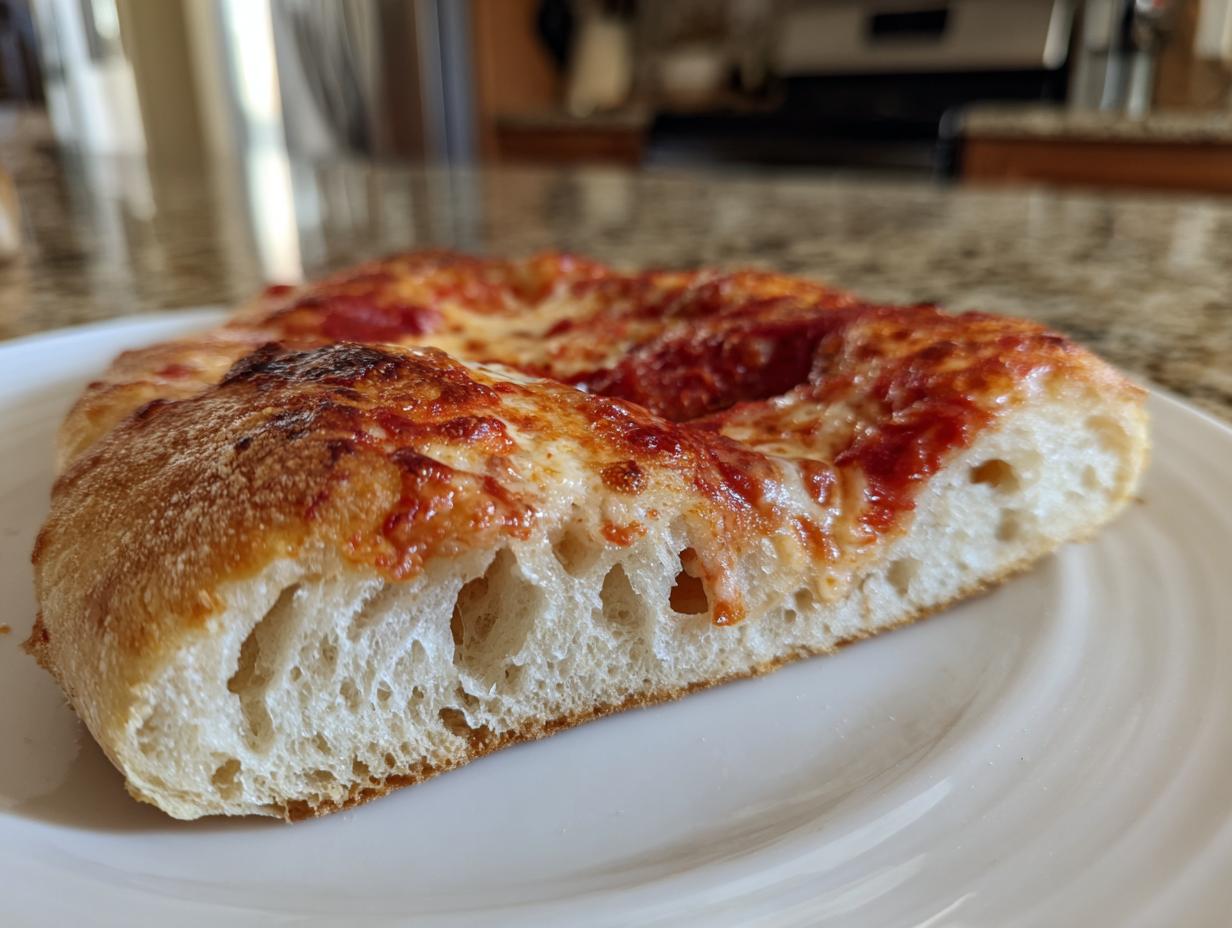 Close-up of a thick slice of homemade pizza showing the airy, bubbly cross-section of the crust and melted cheese.