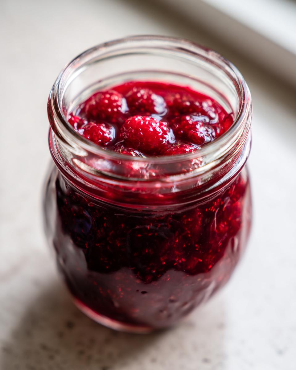 Close-up of a glass jar filled with chunky, vibrant red homemade raspberry jam.