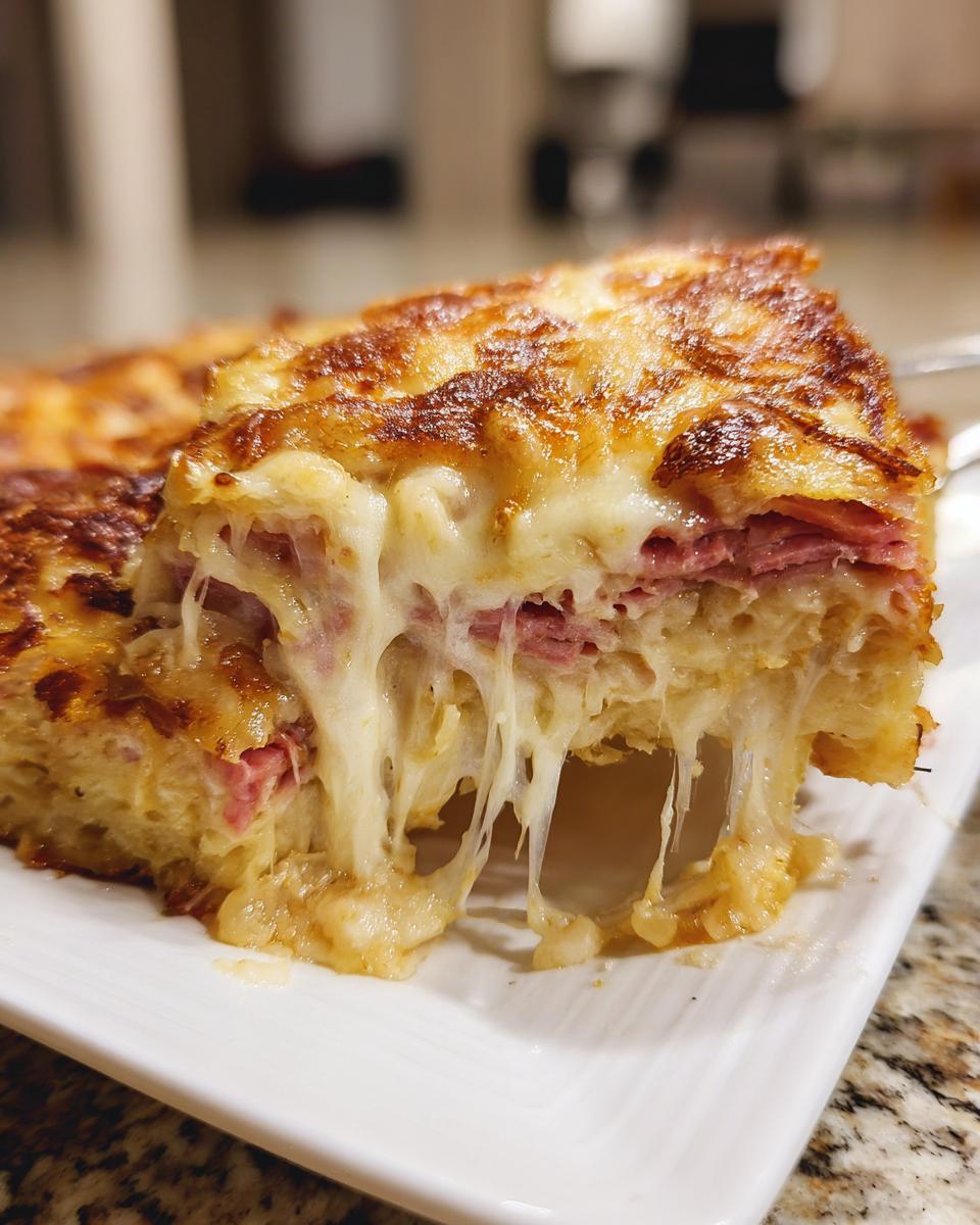 A close-up of a slice of homemade reuben bake showing extreme cheese pull with melted Swiss cheese.
