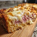 Close-up of a thick slice of homemade reuben bake, showing layers of shredded corned beef and melted Swiss cheese.
