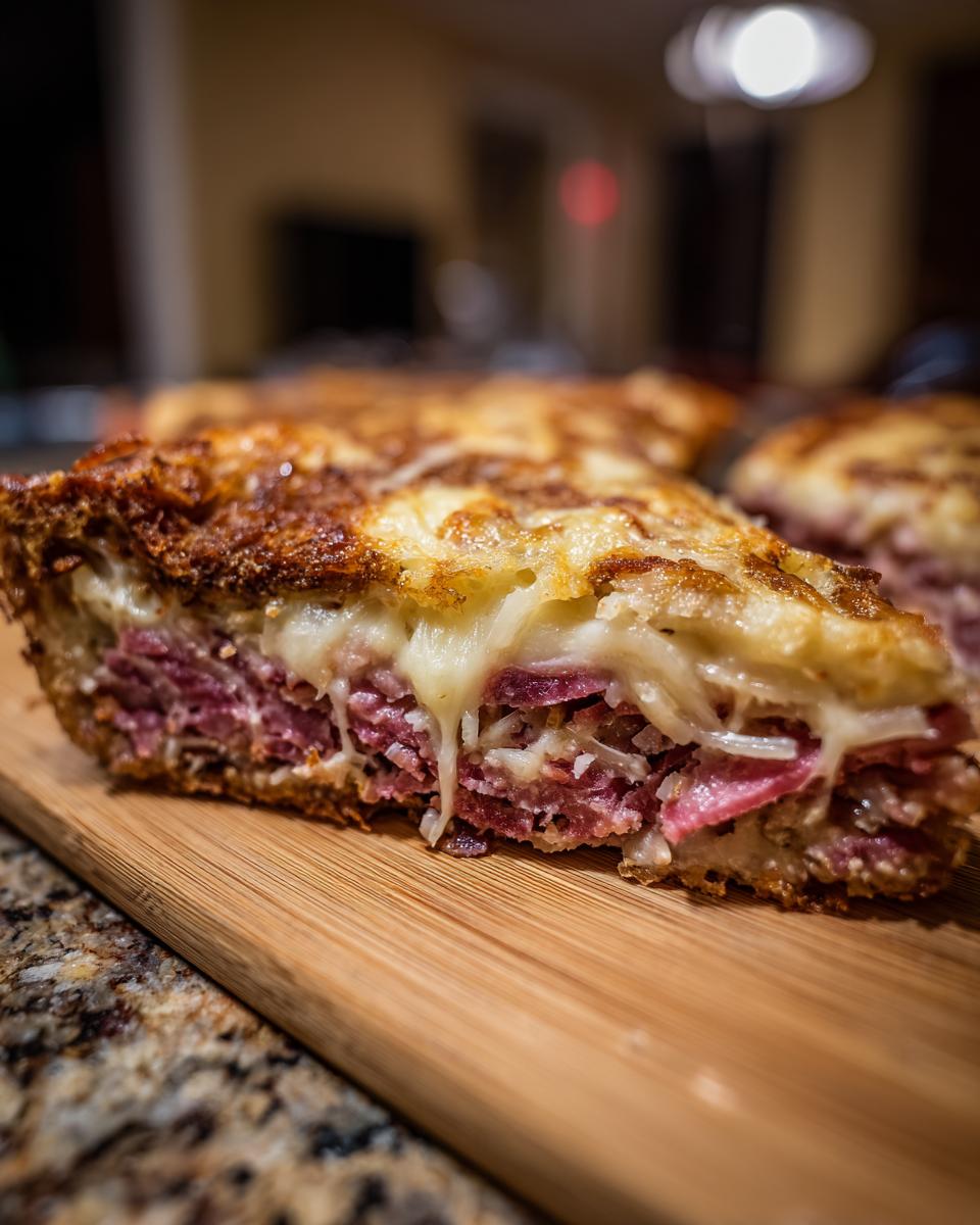 Close-up of a thick slice of homemade reuben bake showing melted cheese, corned beef, and sauerkraut layers.