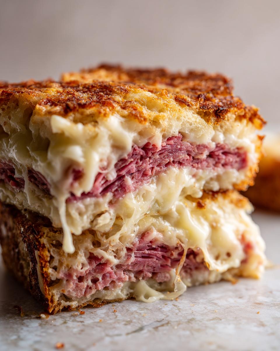 Close-up of a thick slice of homemade reuben bake showing layers of corned beef and gooey melted Swiss cheese.
