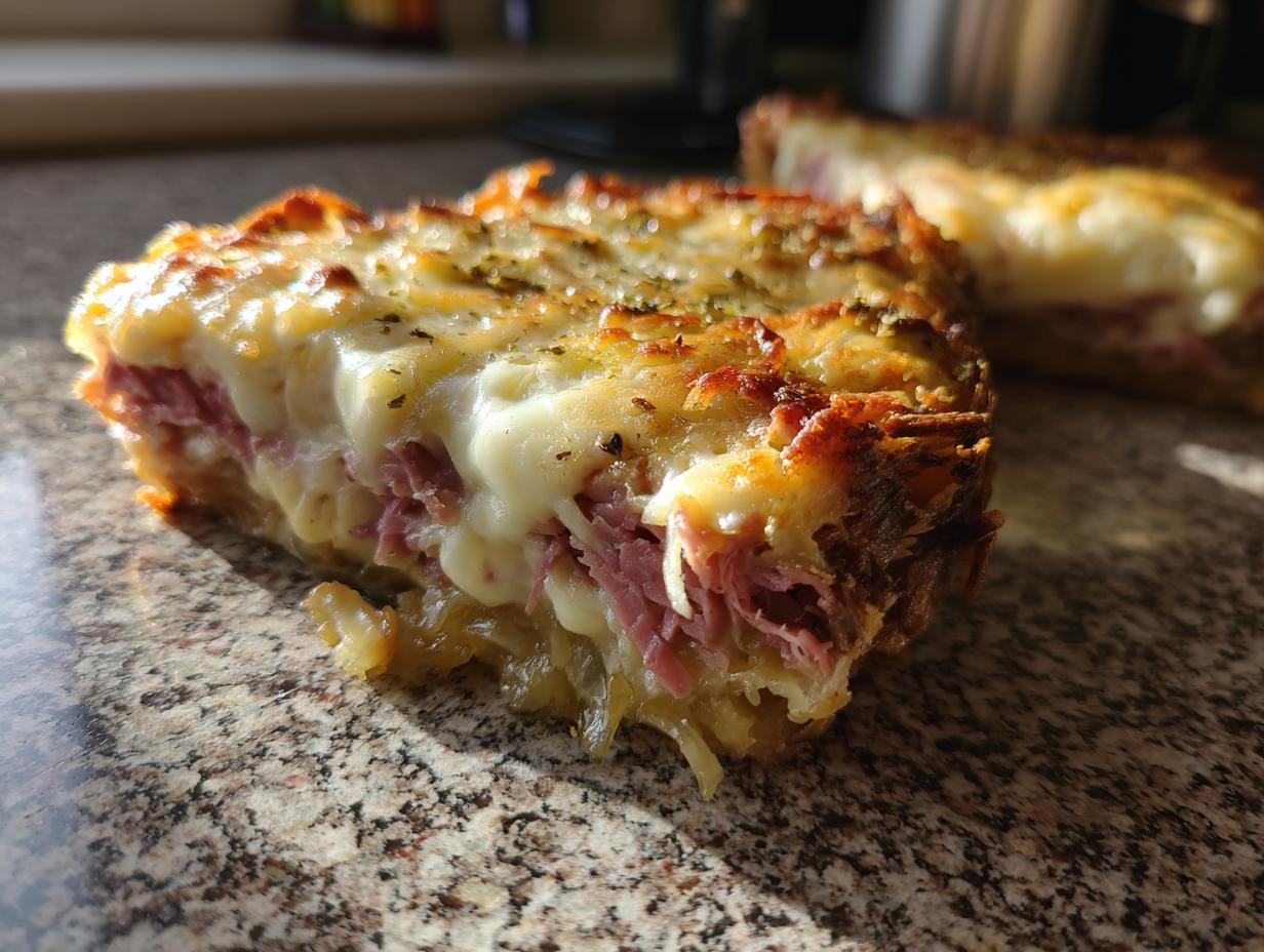 Close-up of a thick slice of homemade reuben bake showing layers of corned beef, sauerkraut, and melted Swiss cheese.