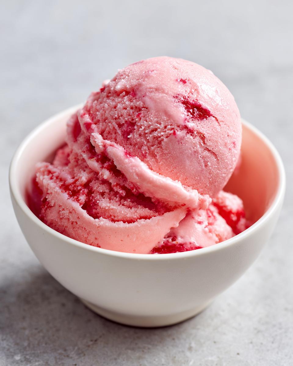Two scoops of vibrant pink strawberry ice cream with visible fruit swirls in a small white bowl.