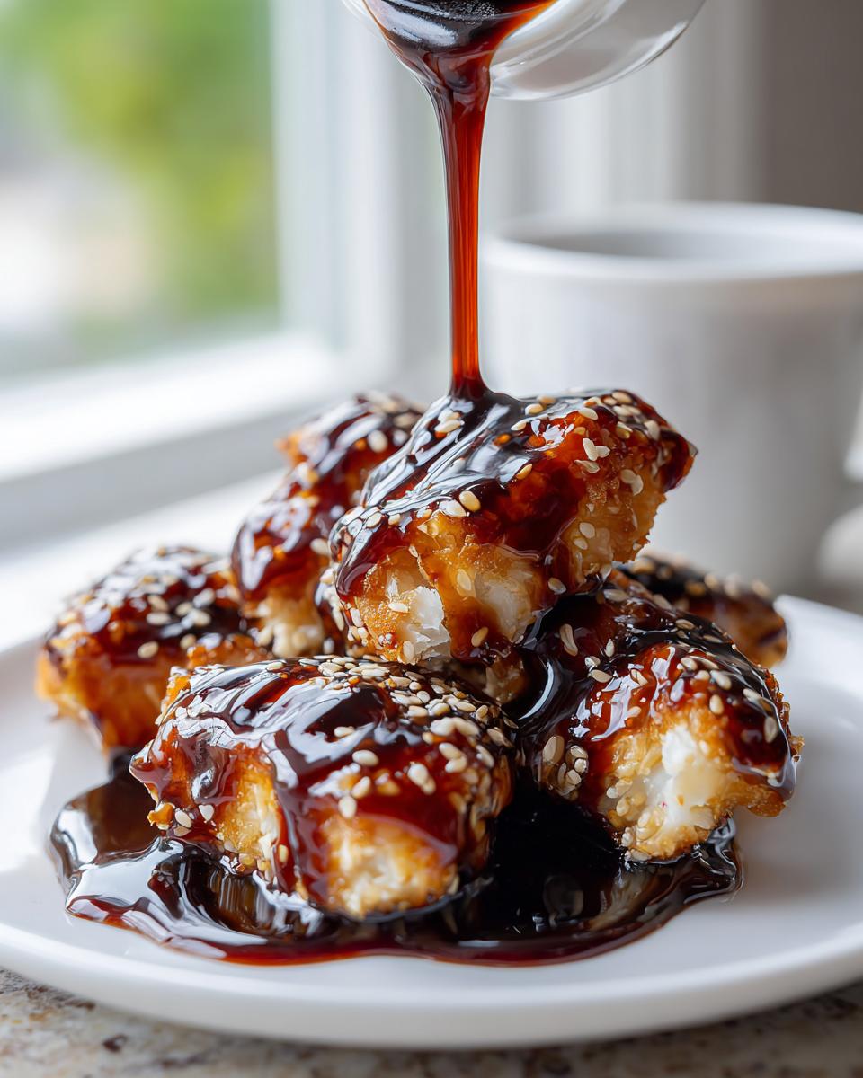 Thick homemade teriyaki sauce being poured over crispy sesame-topped bites on a white plate.