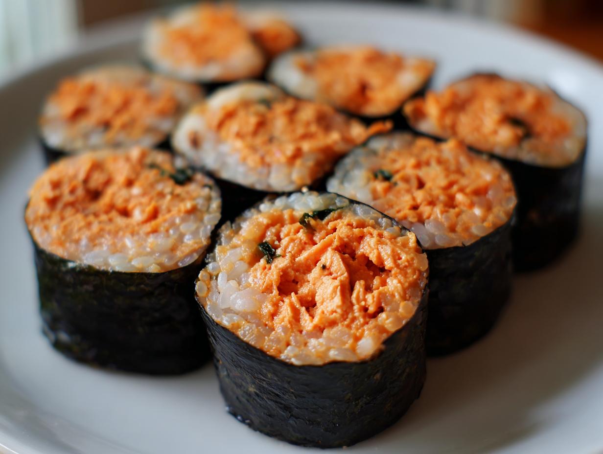 Close-up of several slices of homemade tuna kimbap arranged on a white plate, showing the orange spicy tuna filling.