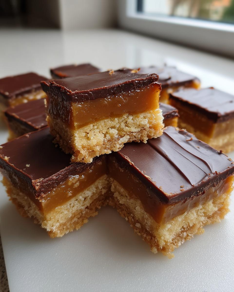 Close-up of stacked, square homemade Twix bites showing a shortbread base, thick caramel layer, and chocolate topping.