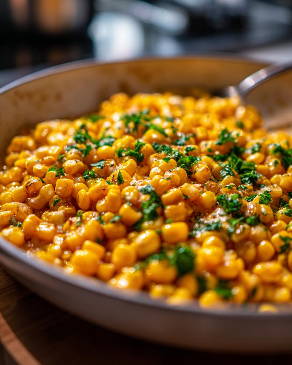 Close-up of bright yellow honey butter corn kernels topped with fresh chopped parsley.