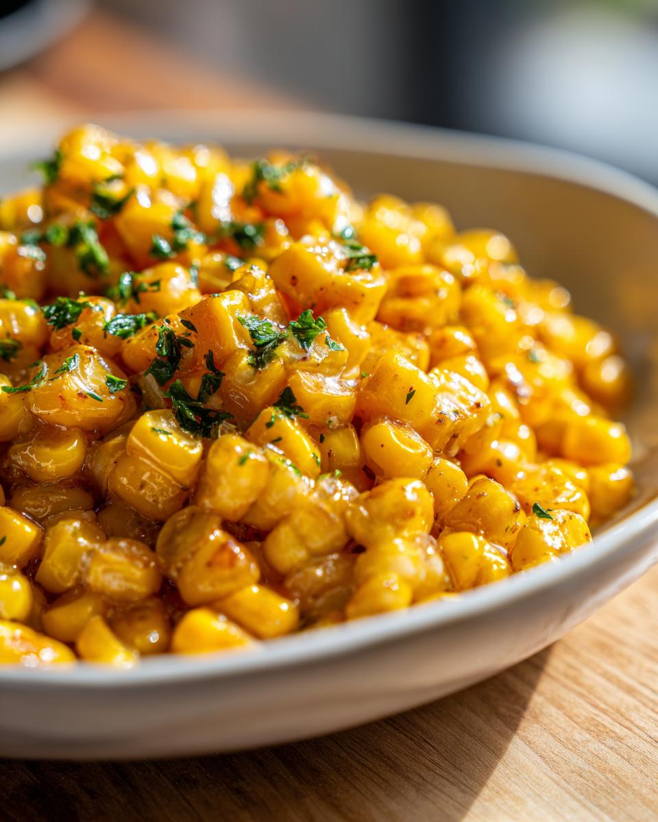 Close-up of bright yellow honey butter corn kernels garnished with fresh parsley.